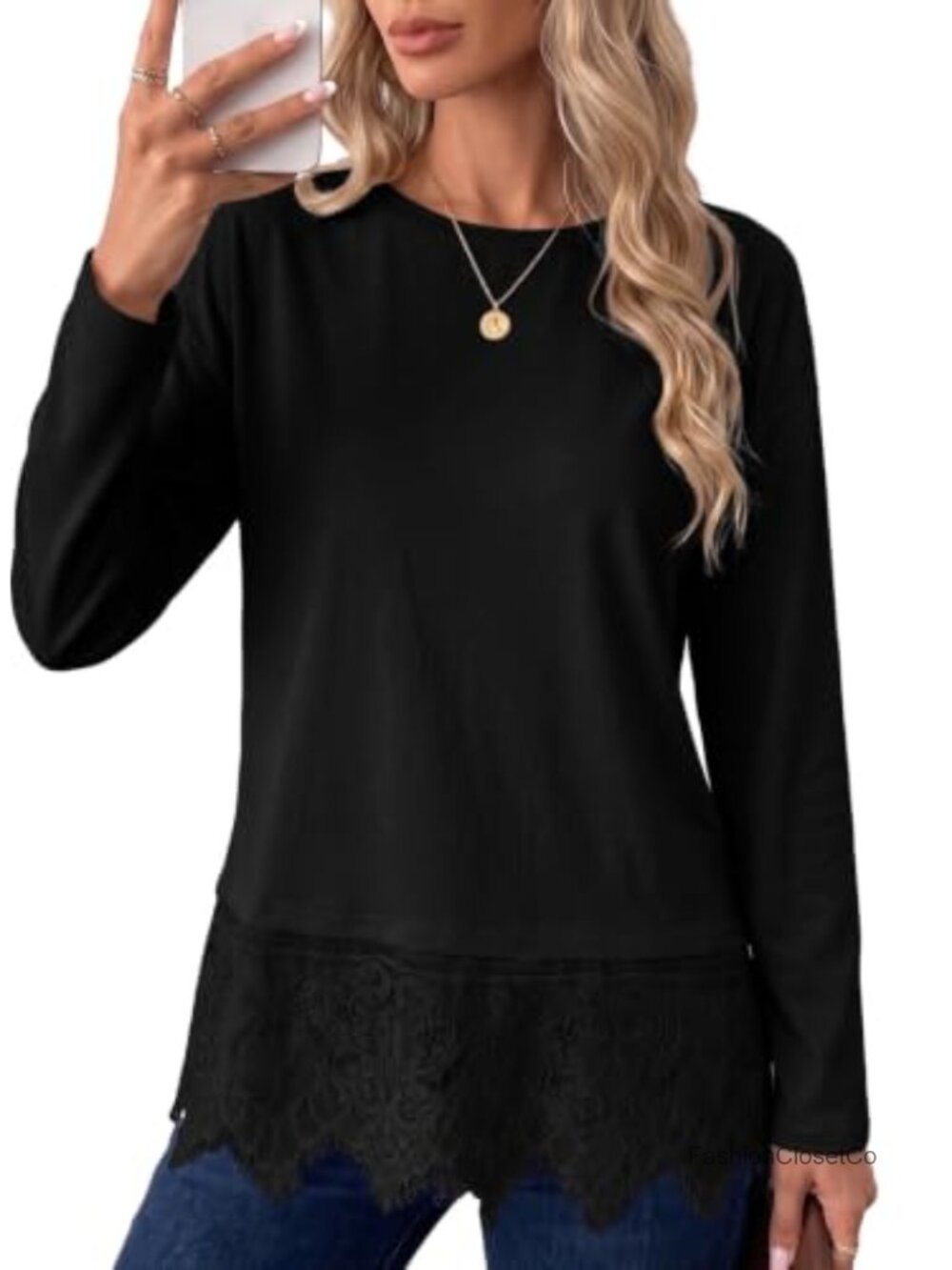 Sidefeel Womens Long Sleeve Crewneck Lace Trim Top